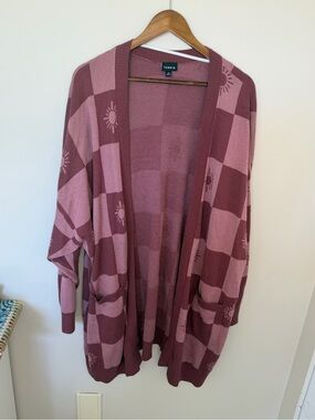 torrid rose and mauve checkerboard sun motif open-front cardigan